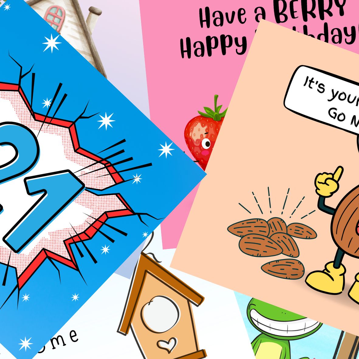 Collage of colourful greeting cards from Snappy Cards, including birthday, funny, milestone and new home designs, representing the full collection of cards for every occasion.