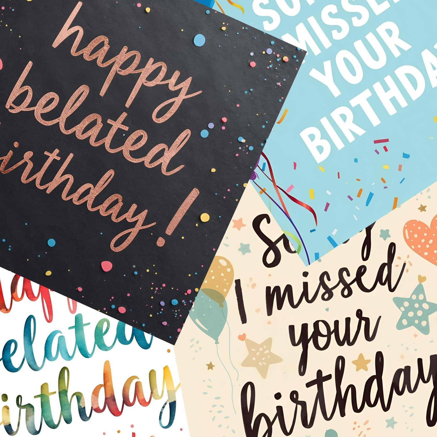 A collage of colourful belated birthday cards featuring festive designs with confetti, balloons, and celebratory typography.