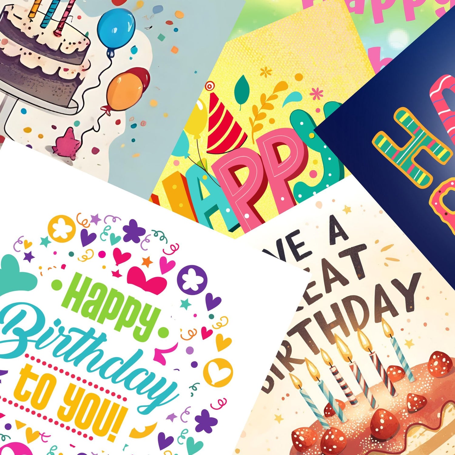 A general collection of colorful birthday cards with various designs, featuring cakes, balloons, candles, and festive text.