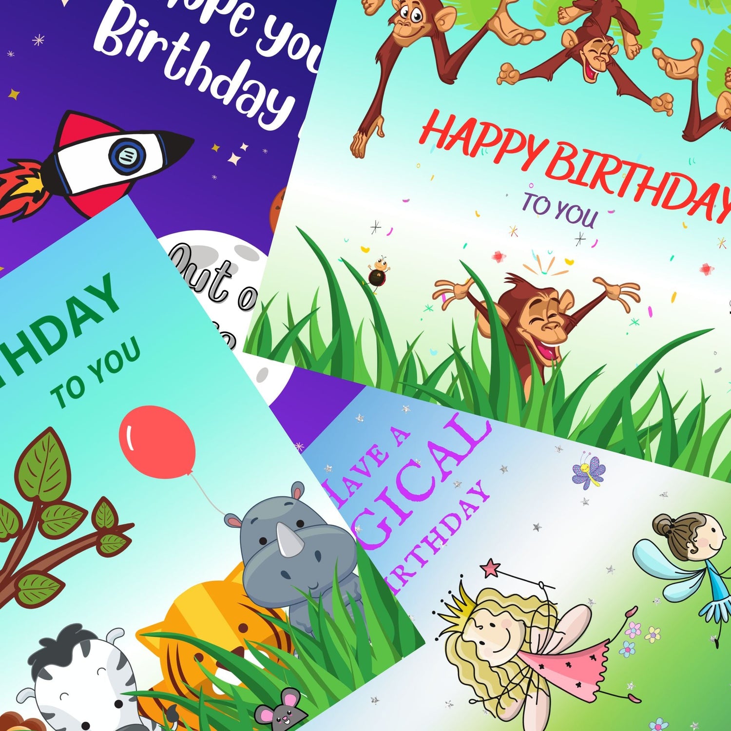 A collection of colourful kids’ birthday cards featuring playful designs with animals, rockets, monkeys, and fairies, perfect for children’s celebrations.