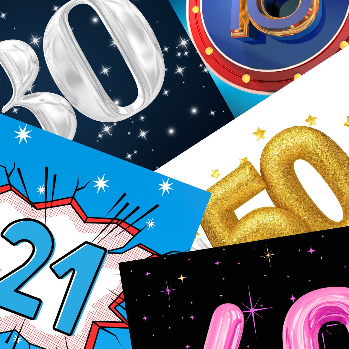 Milestone birthday cards collection featuring bold number designs for ages 16, 21, 30, and 50 with glitter, comic, and celebration themes.