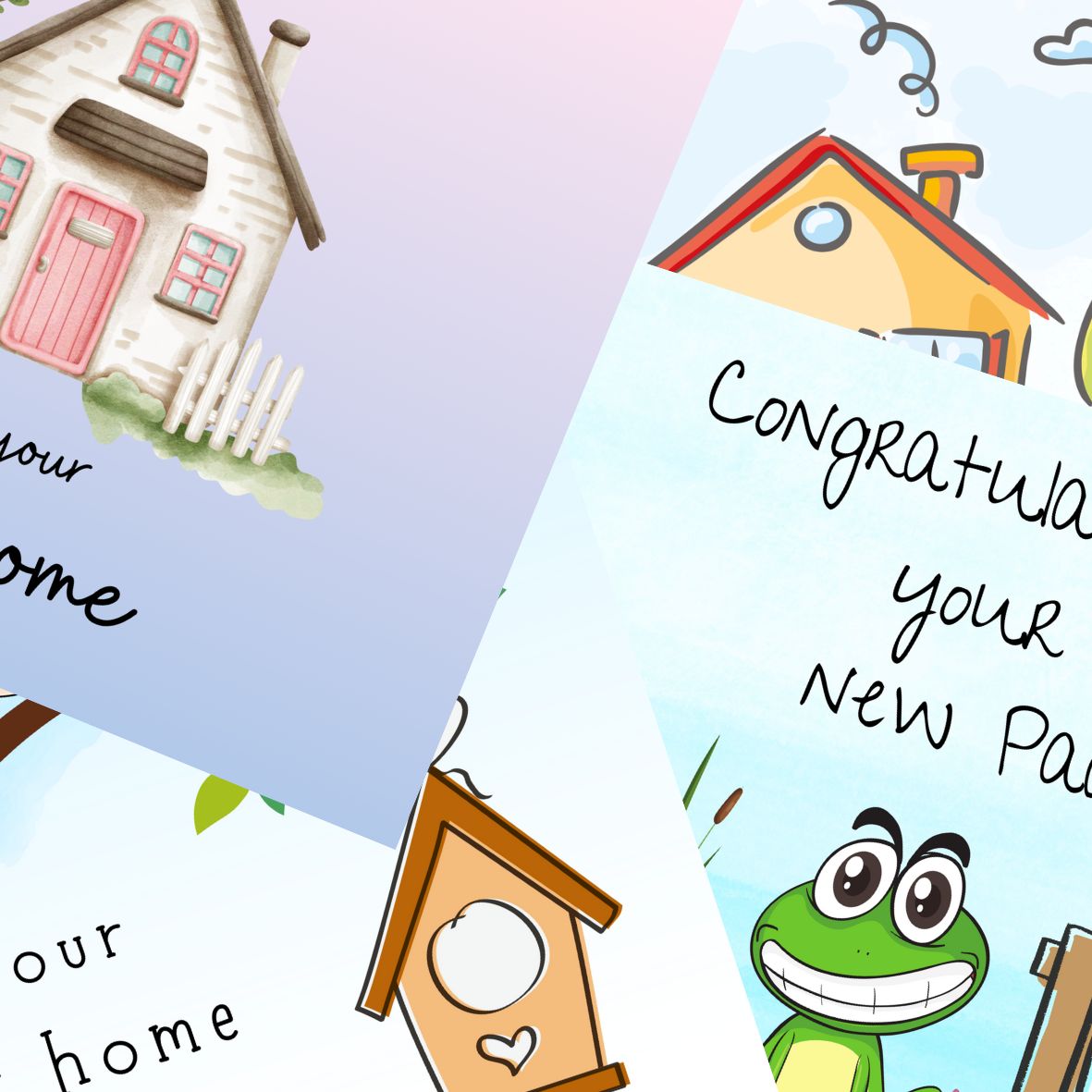Happy New Home greeting card with colorful illustration of a cozy house, sunshine, trees, and cheerful handwritten text.