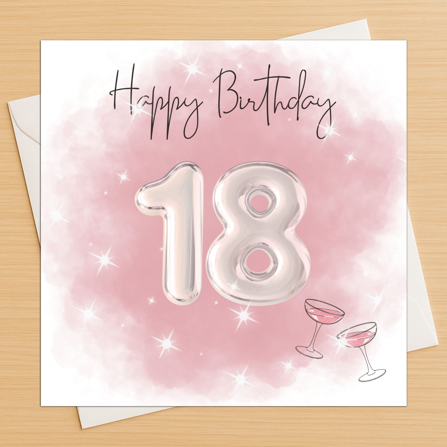 18th birthday card with silver balloon numbers on a pink watercolor background