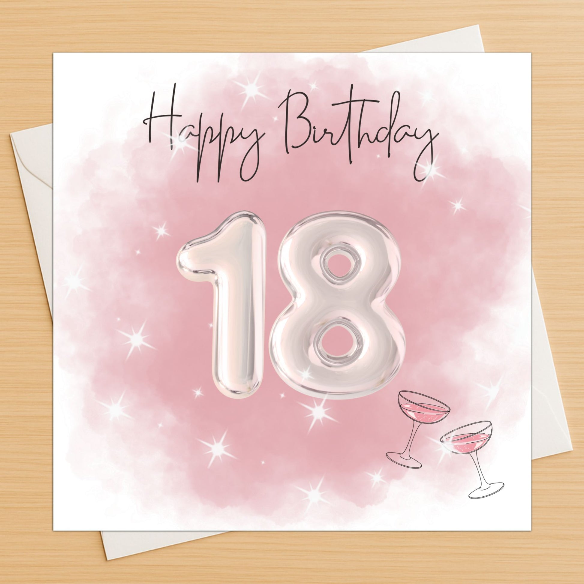 18th birthday card with silver balloon numbers on a pink watercolor background