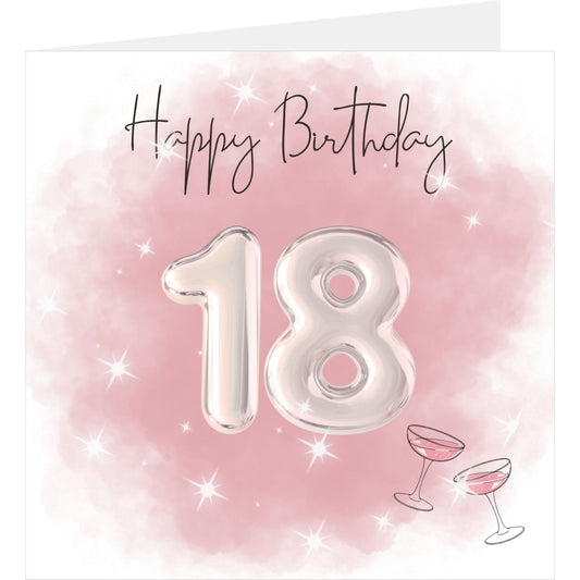 18th birthday card with silver number 18 on a pink background