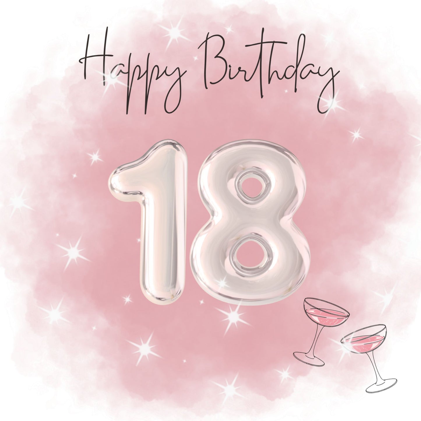 Elegant pink 18th birthday card with champagne glasses and shiny balloon numbers