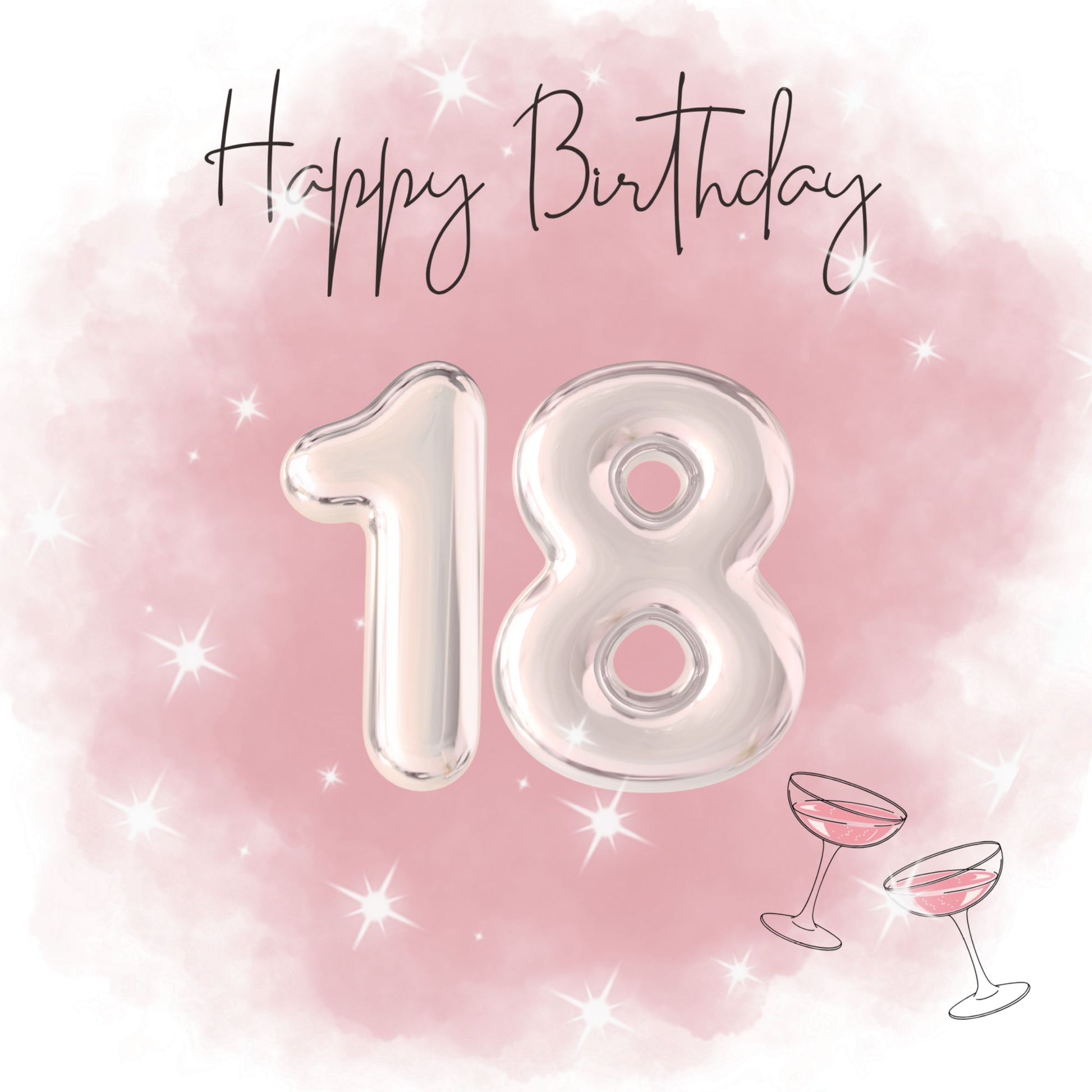Elegant pink 18th birthday card with champagne glasses and shiny balloon numbers