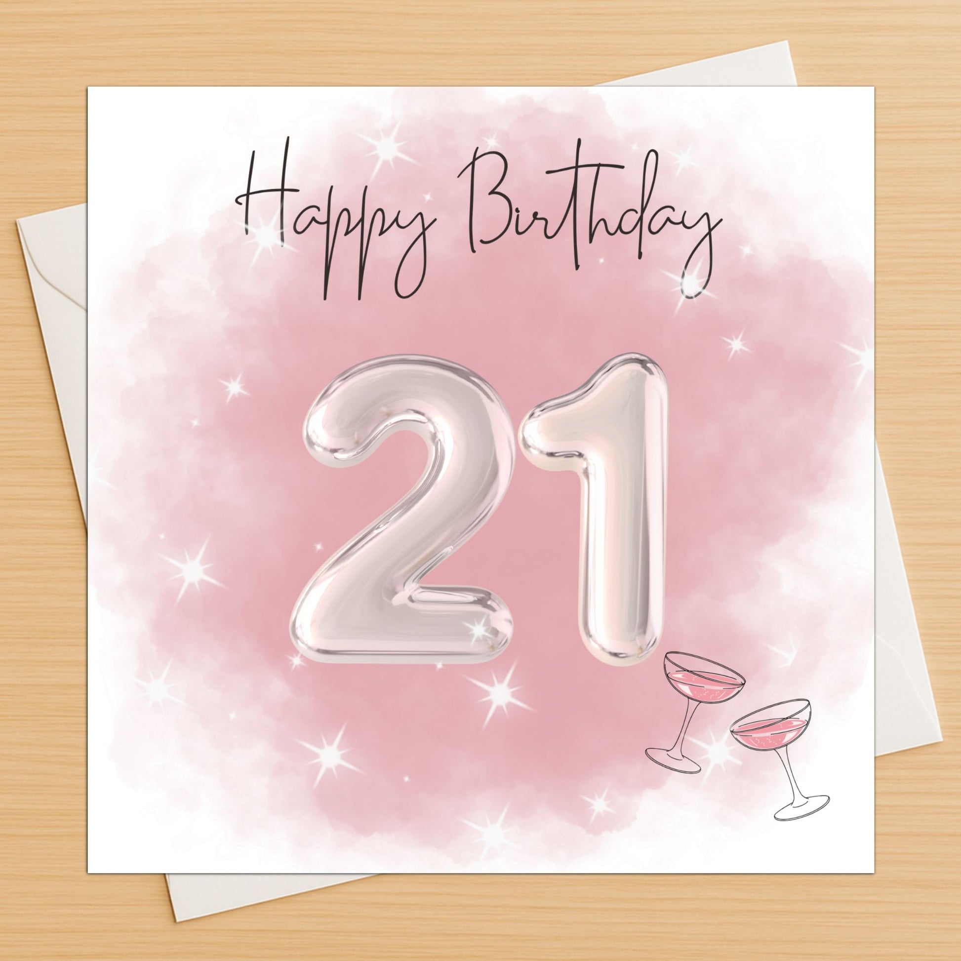 Birthday card with '21' silver balloons and pink background