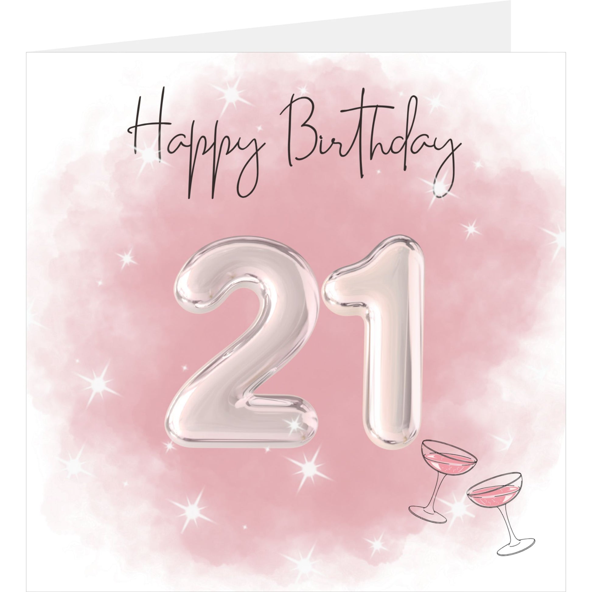 Happy Birthday card with silver number '21' on a pink background