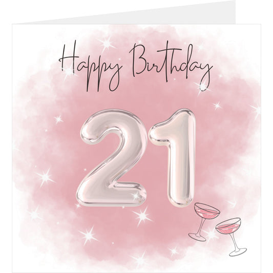 Happy Birthday card with silver number '21' on a pink background