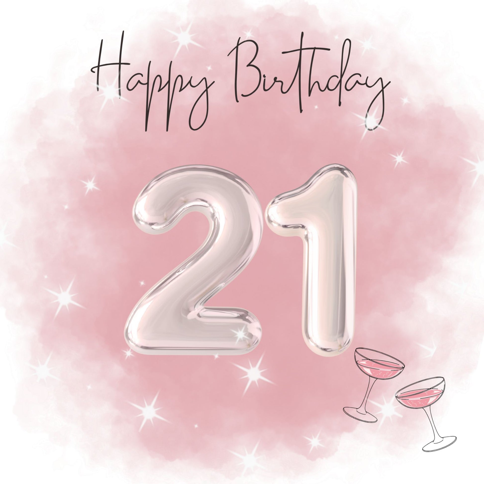 Stylish pink 21st birthday card with champagne glasses and shiny balloon numbers