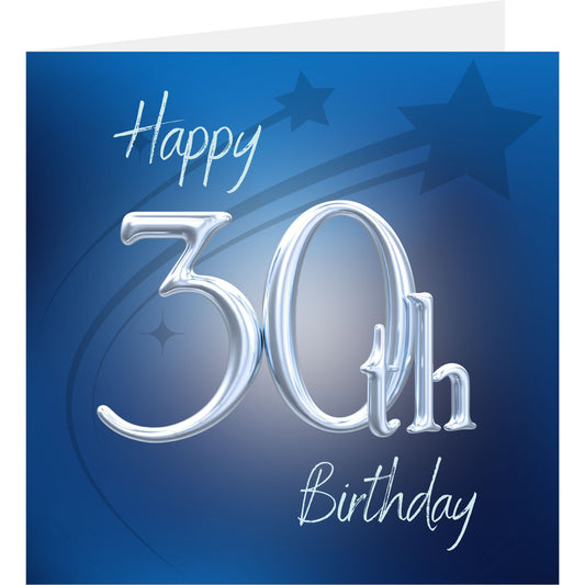 Happy 30th Birthday card with silver text on a blue background