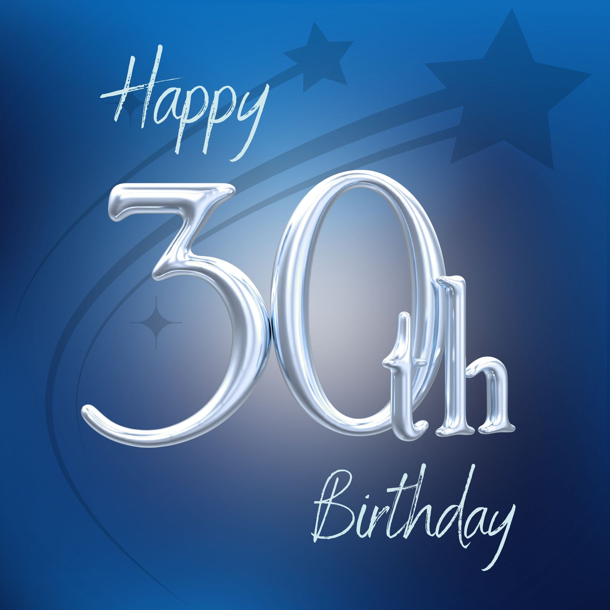 Happy 30th birthday card with silver balloon numerals on deep blue starry background