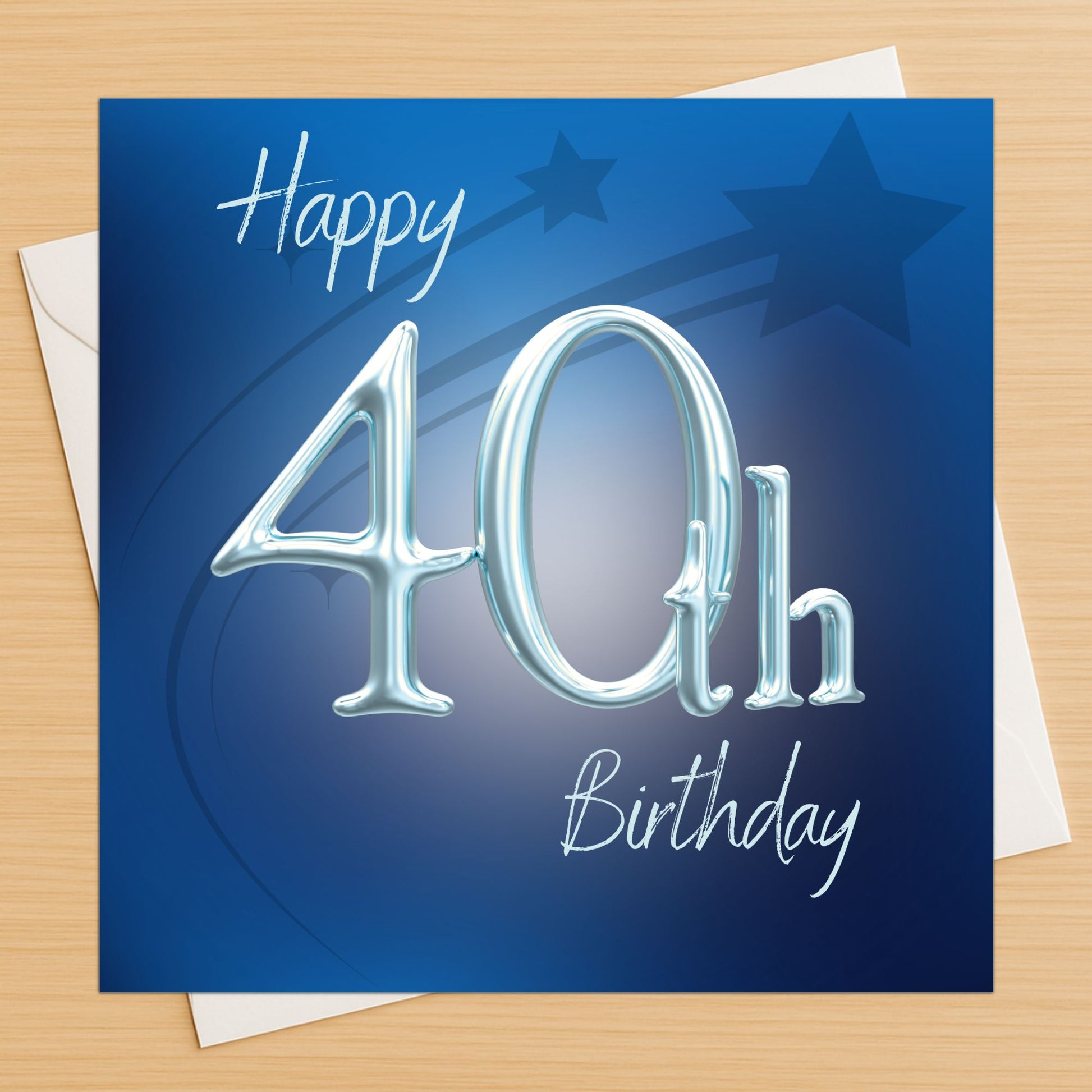Happy 40th Birthday card with blue gradient background and star designs on a wooden surface.