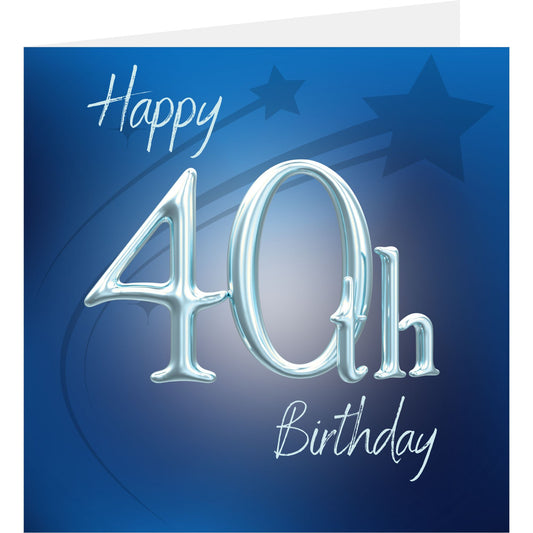 Happy 40th Birthday card with metallic numbers on a blue background