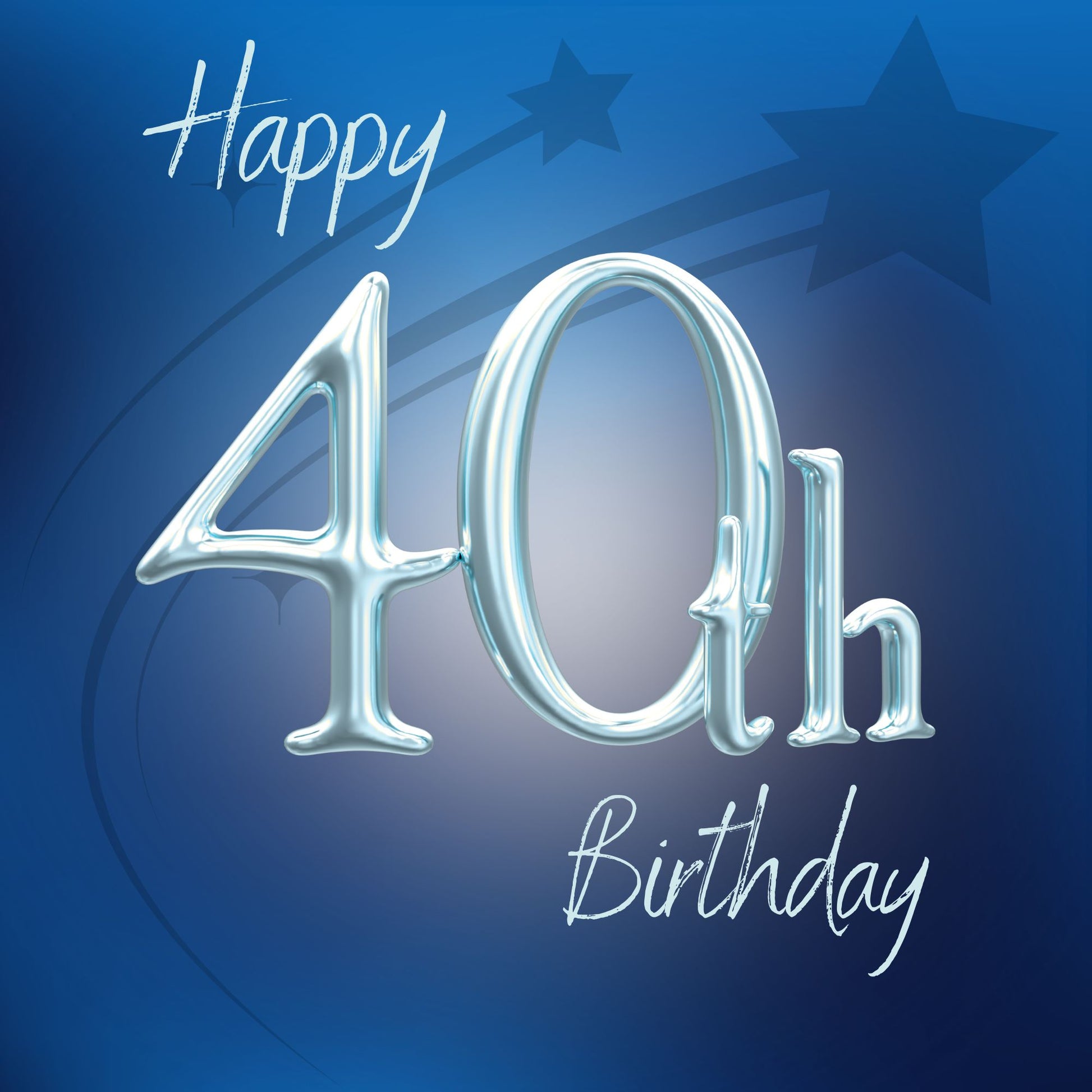 Happy 40th birthday card with silver balloon numerals on deep blue starry background