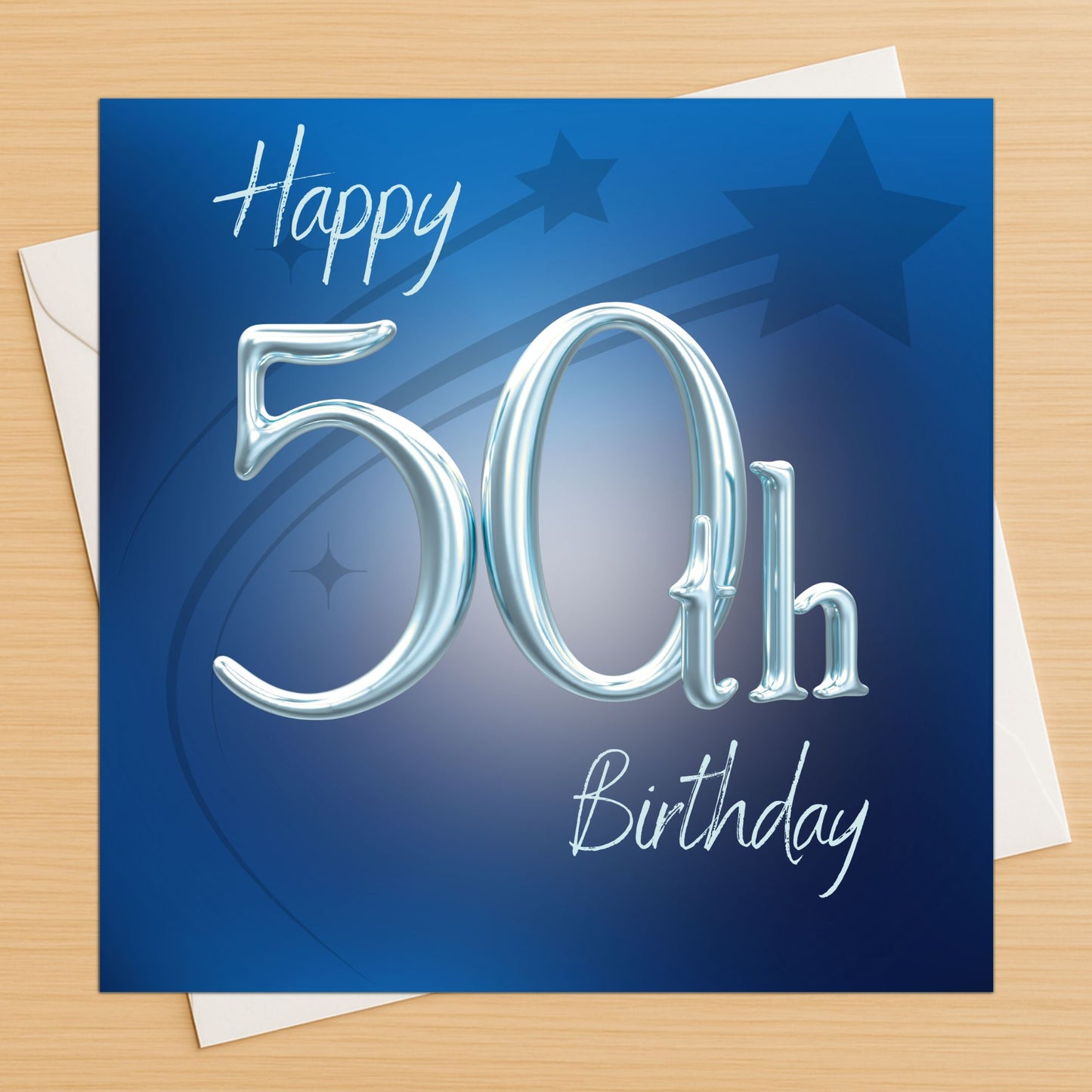 50th birthday card with metallic text on a blue background