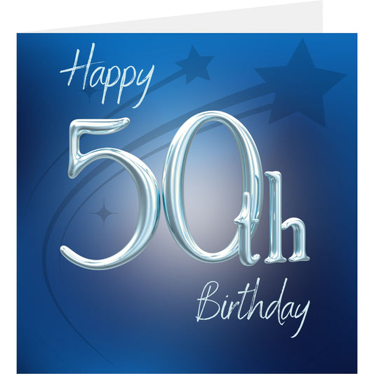 50th birthday card with shiny silver text on a blue background