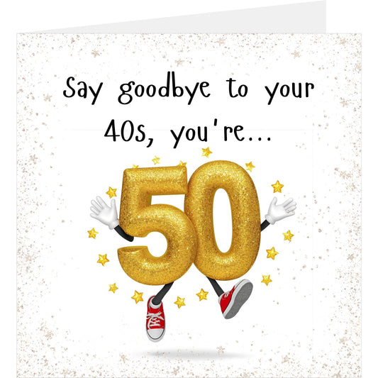 50th birthday card with gold balloons and text on a white background