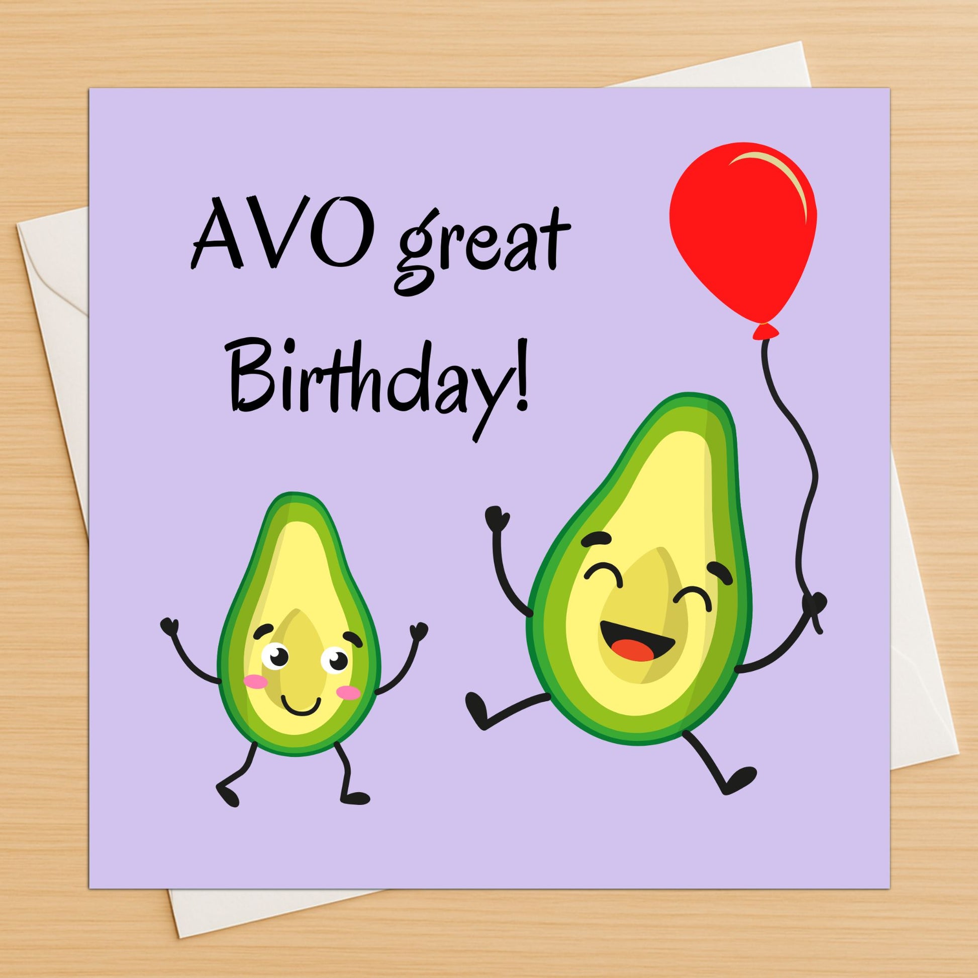 Birthday card with cartoon avocados and a red balloon on a purple background