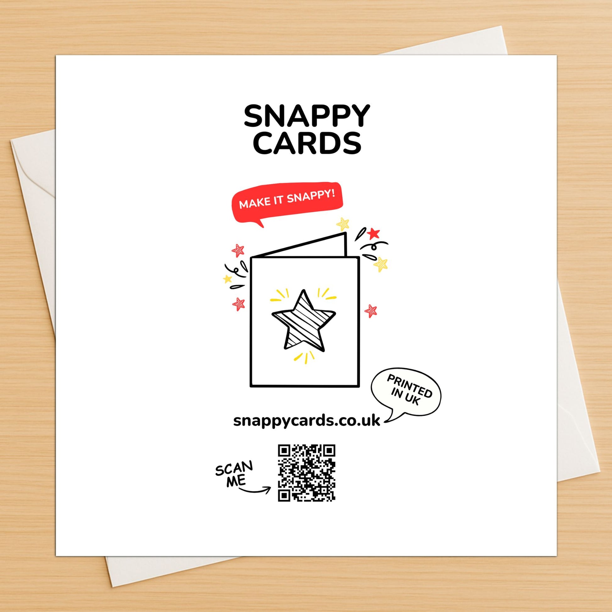 Snappy Cards branding on a greeting card with a star illustration and QR code.