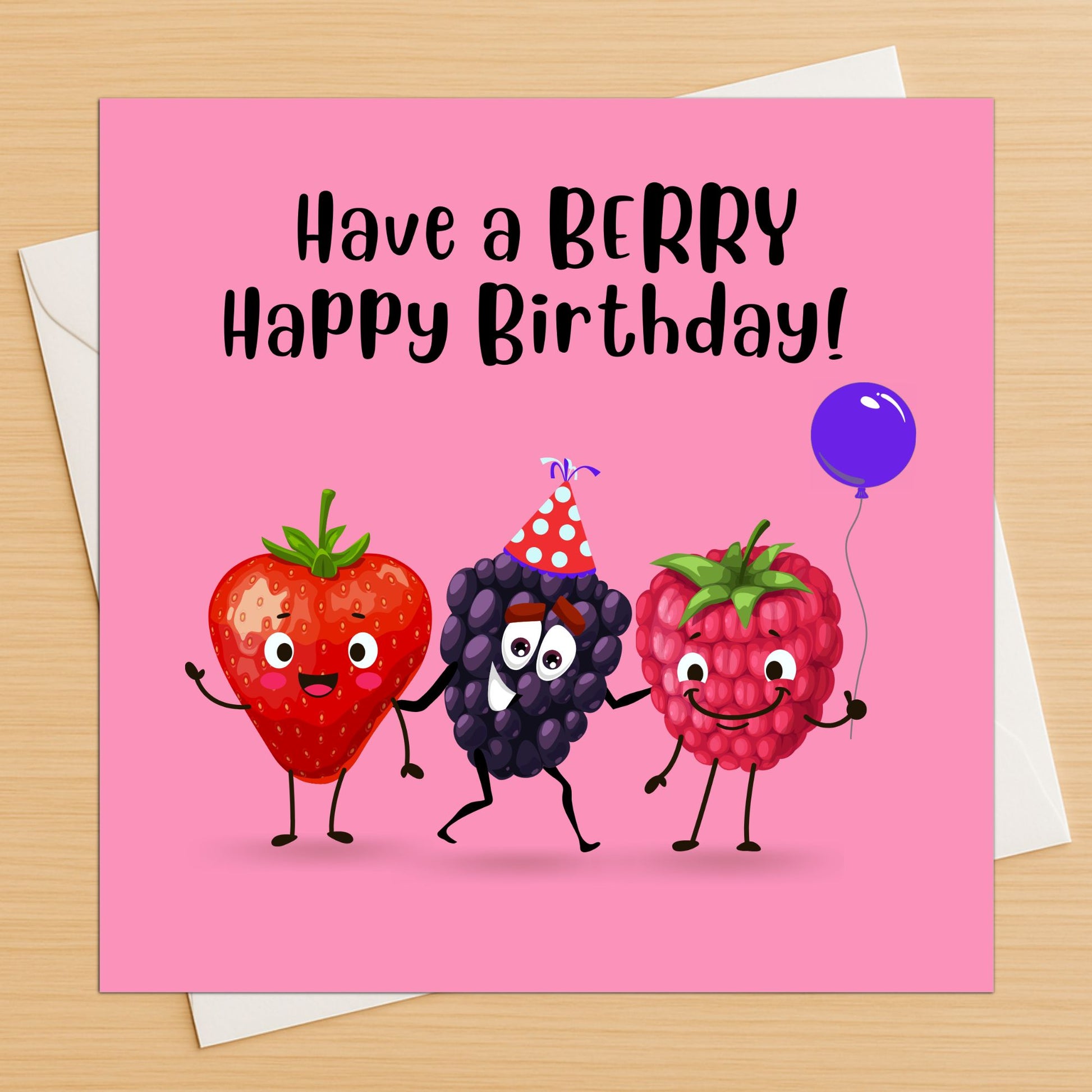 Birthday card with cartoon berries on a pink background