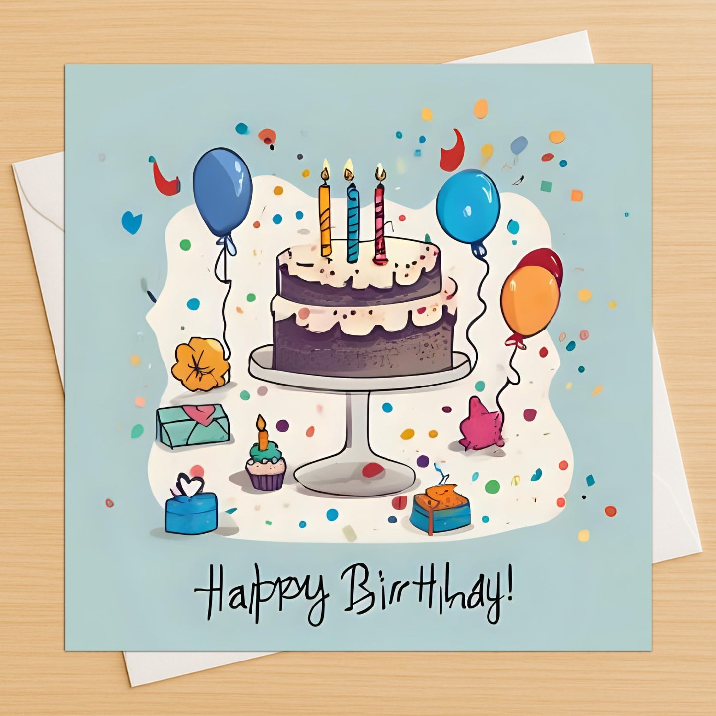 Birthday cake and balloons card with candles and confetti on wooden table