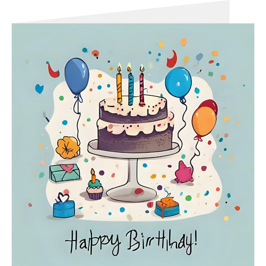 Birthday cake and balloons card standing with back partially visible