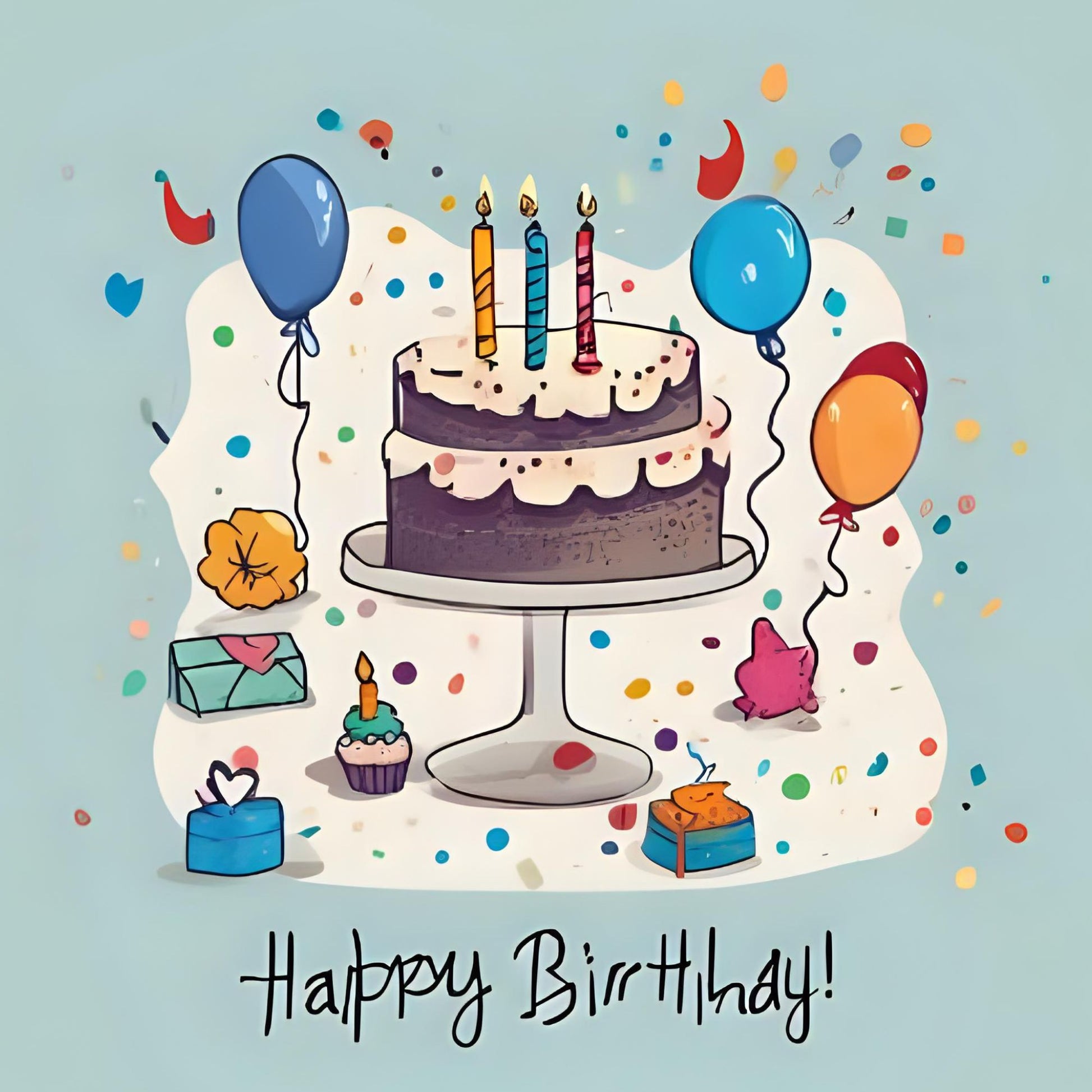 Birthday cake and balloons card front with cake, gifts, balloons and confetti