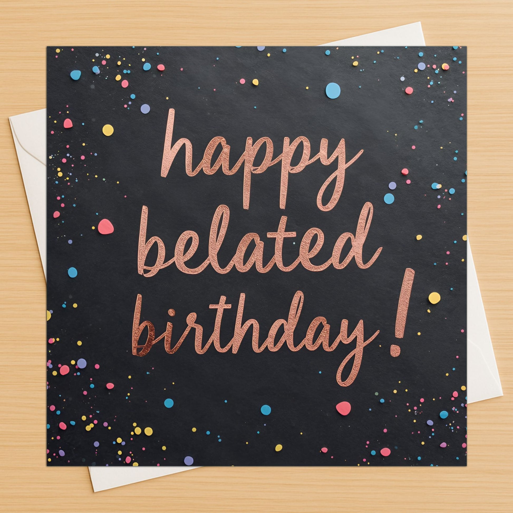 Happy belated birthday card with black background, envelope, and confetti design