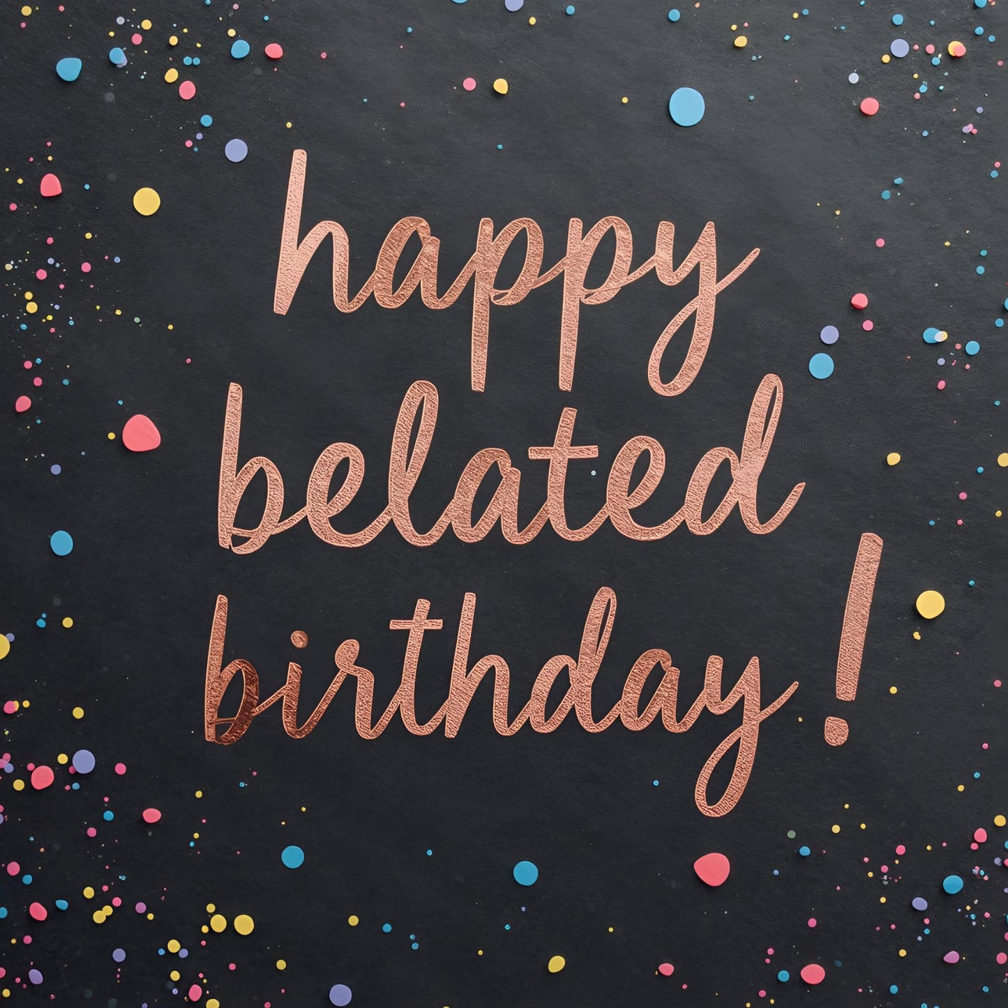 Black happy belated birthday card front with rose gold lettering and colourful confetti