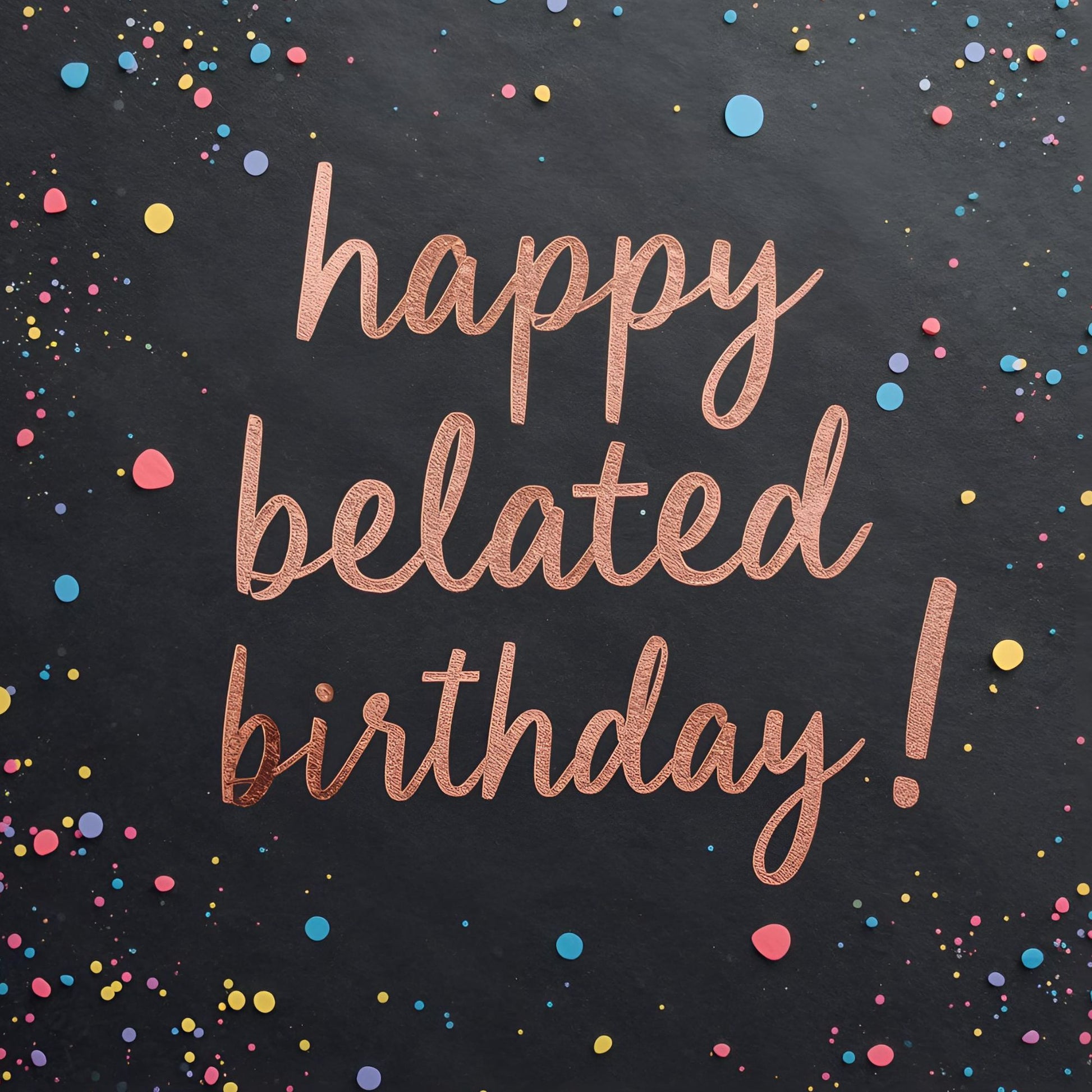 Black happy belated birthday card front with rose gold lettering and colourful confetti