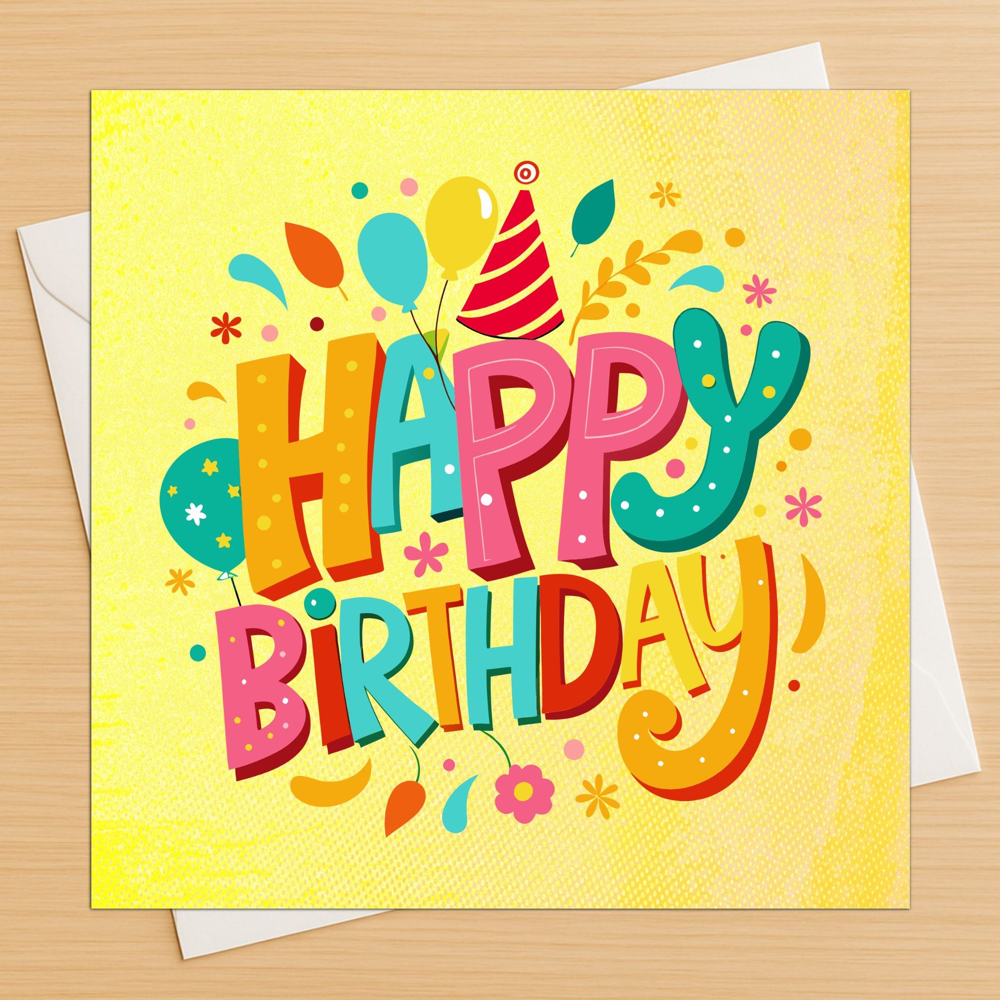 Bright yellow happy birthday card with balloons, party hat and confetti on wooden table