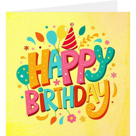 Bright yellow happy birthday card standing with back partially visible