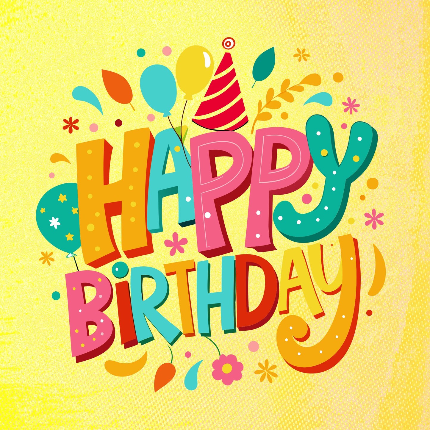 Bright yellow happy birthday card front with colourful text, balloons and flowers