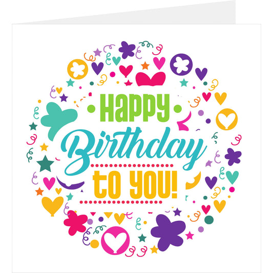 Circle design happy birthday card standing with back partially visible