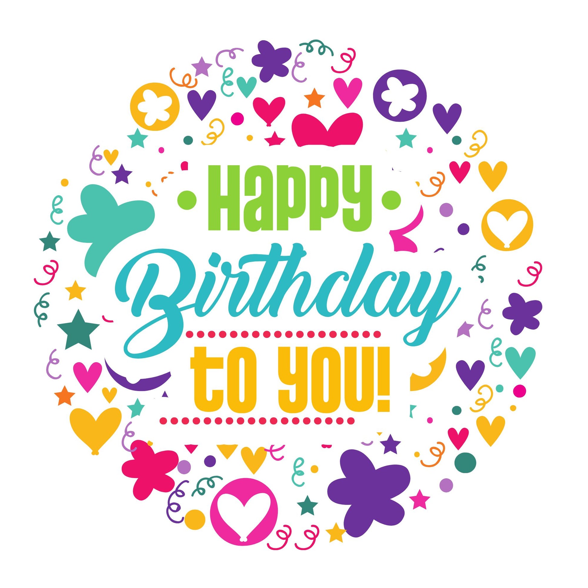 Circle design happy birthday card front with colourful confetti and heart shapes