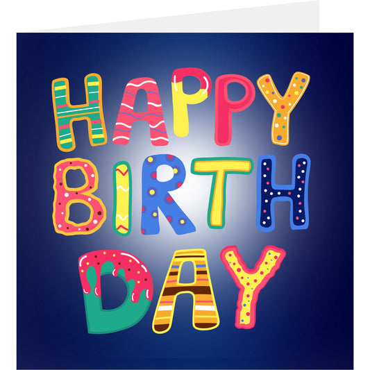 Colourful letters happy birthday card standing with back partially visible
