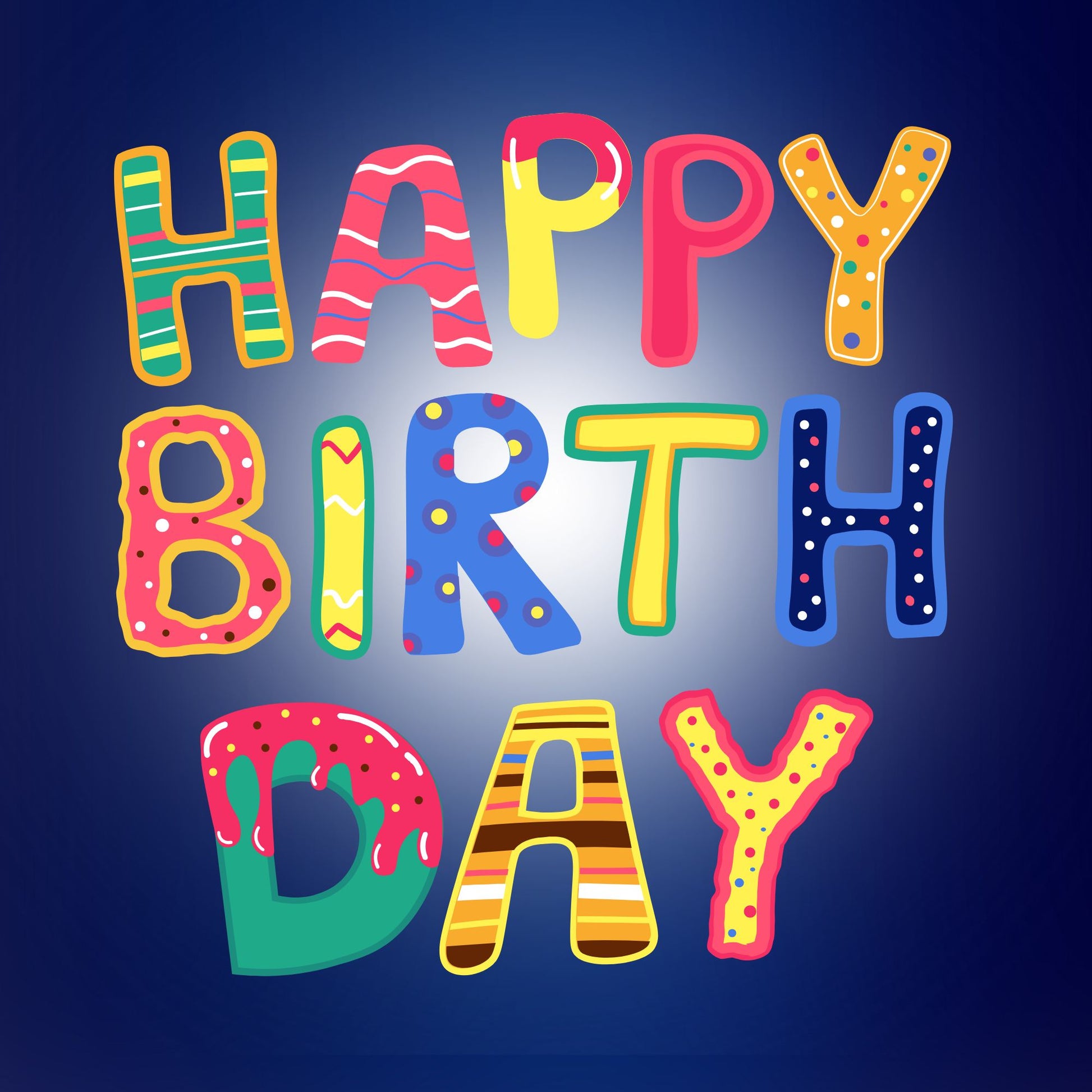 Colourful letters happy birthday card front with bright patterned text design