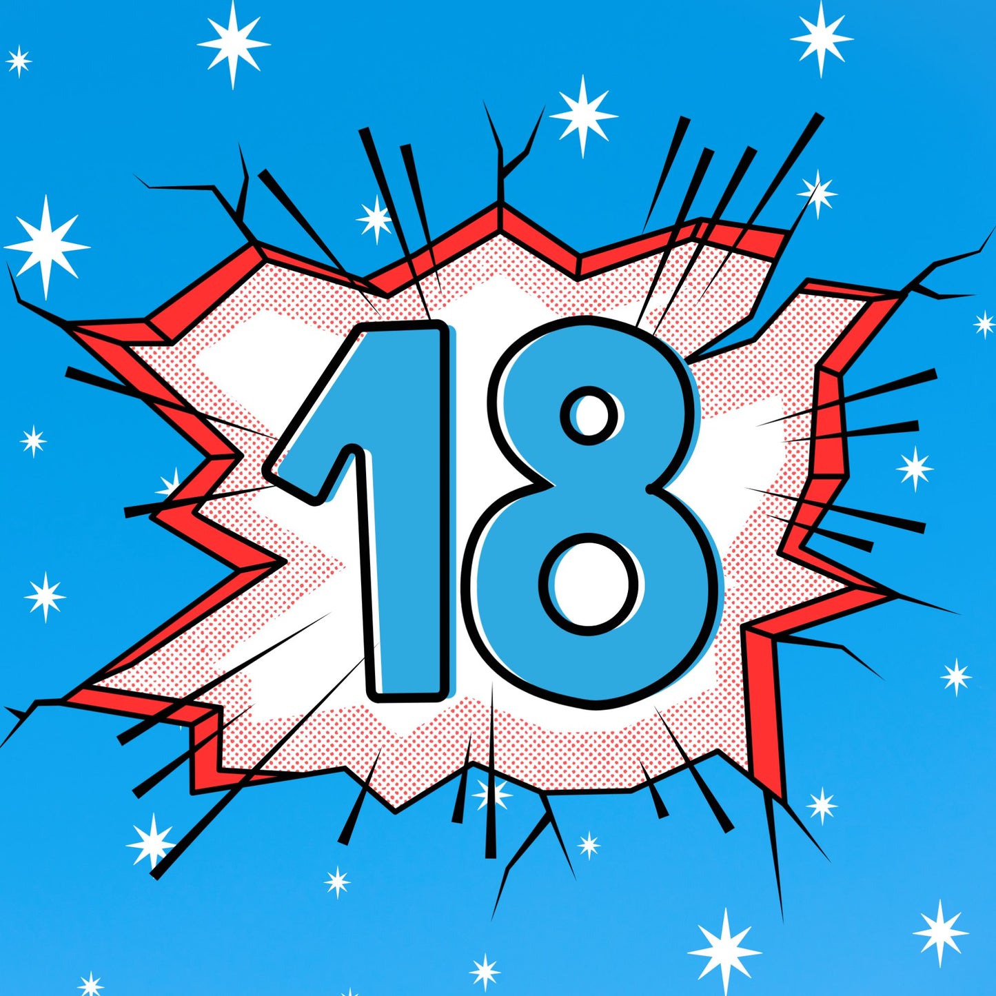Comic book style 18th birthday card with bright blue pop art explosion design