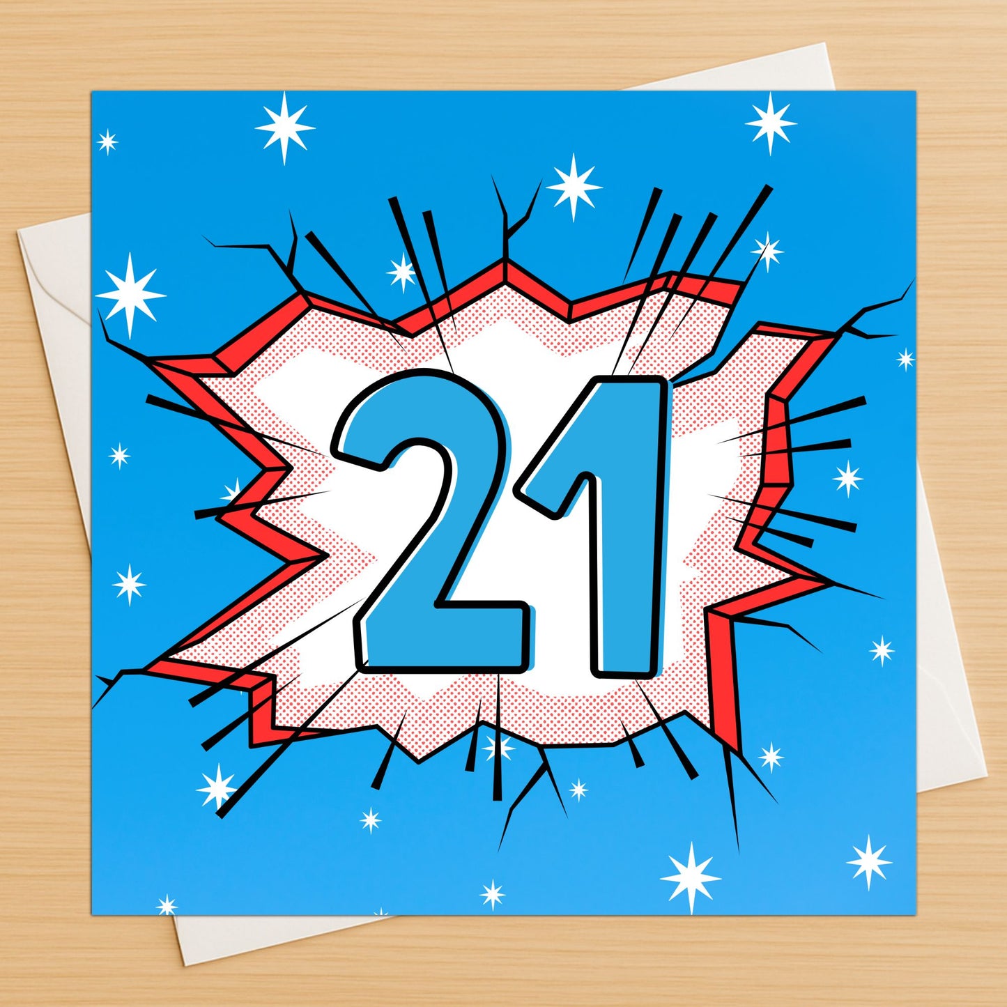 Card with number 21 in a comic book style on a blue background