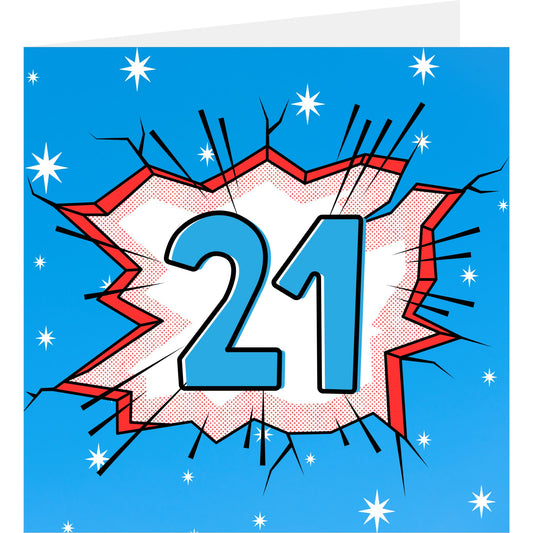 Card with number '21' in a comic book style on a blue background