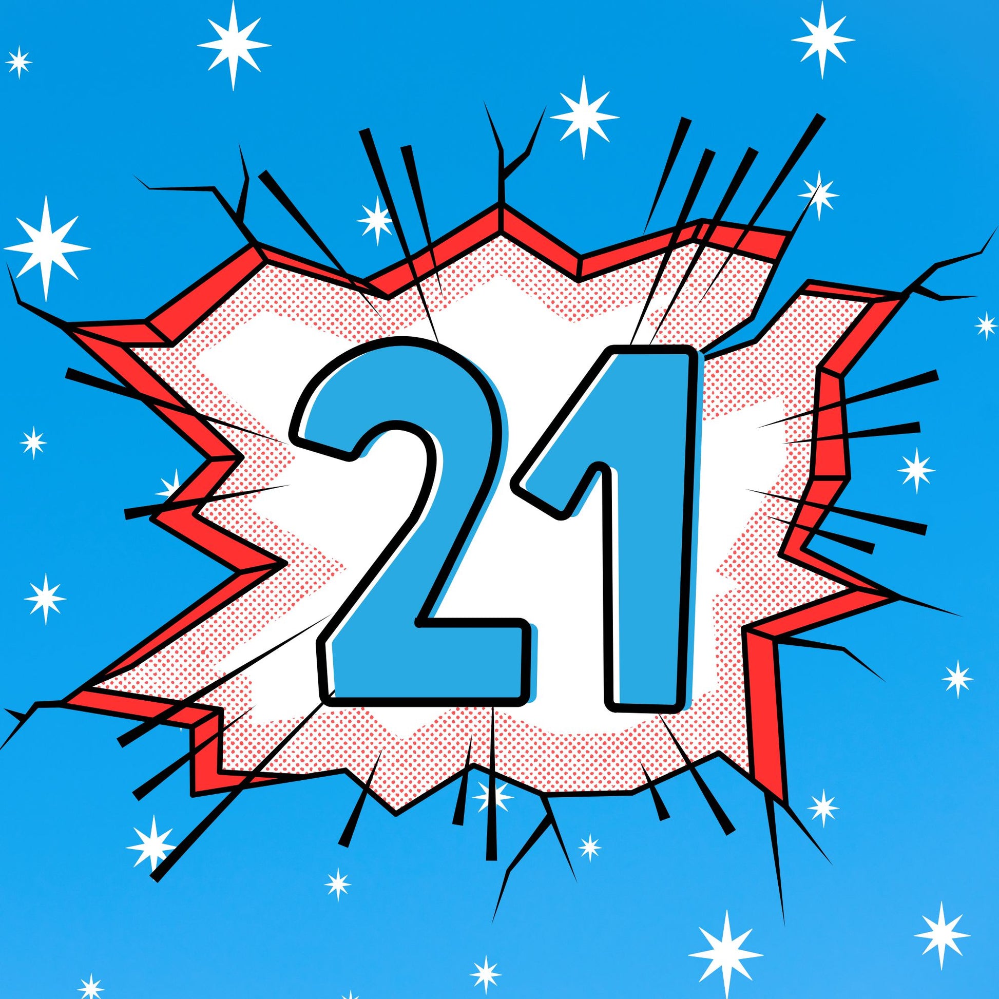 Comic book style 21st birthday card with bold blue pop art explosion design