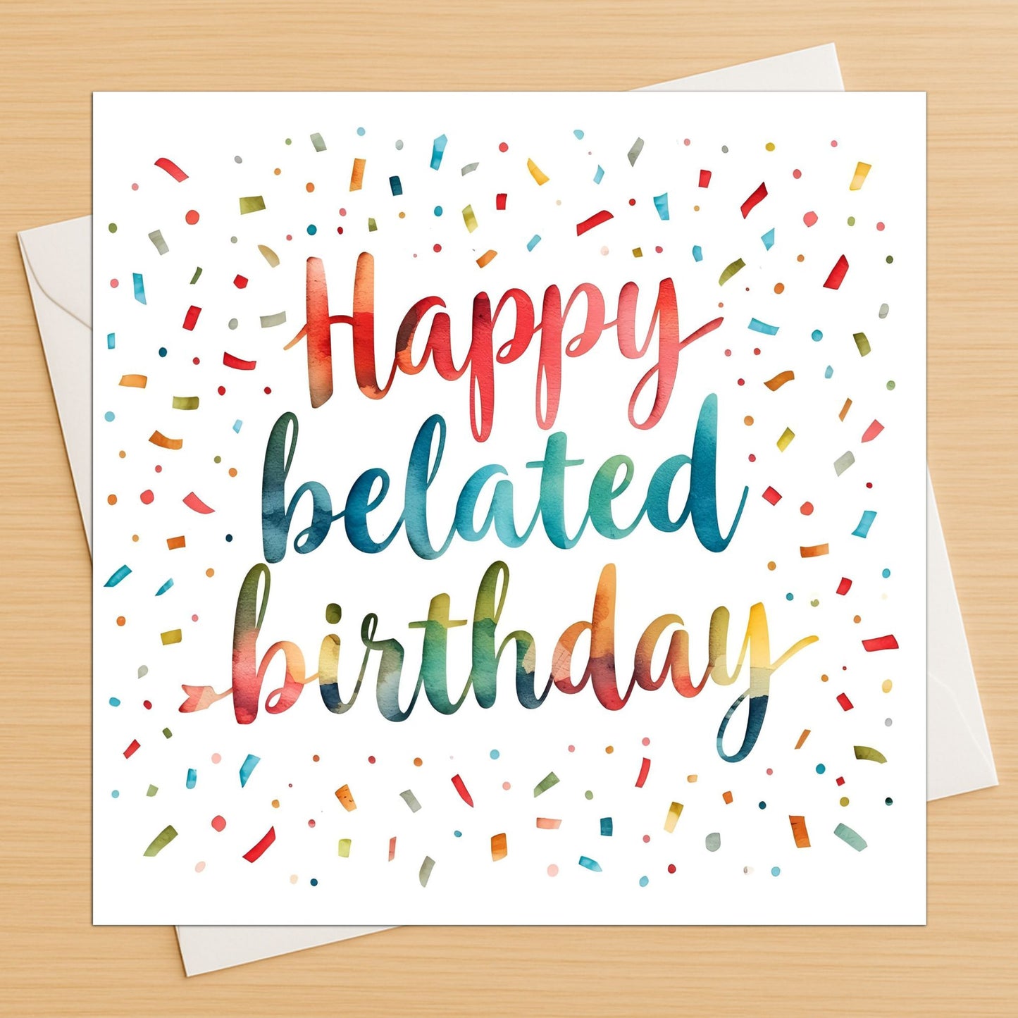 Confetti happy belated birthday card with colourful design on envelope