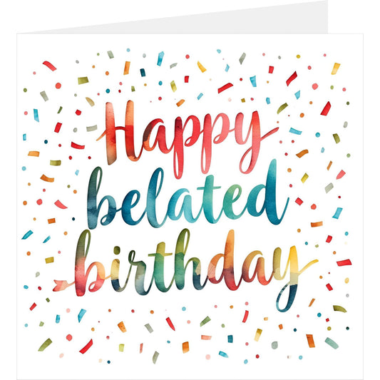Confetti happy belated birthday card with back design partially visible