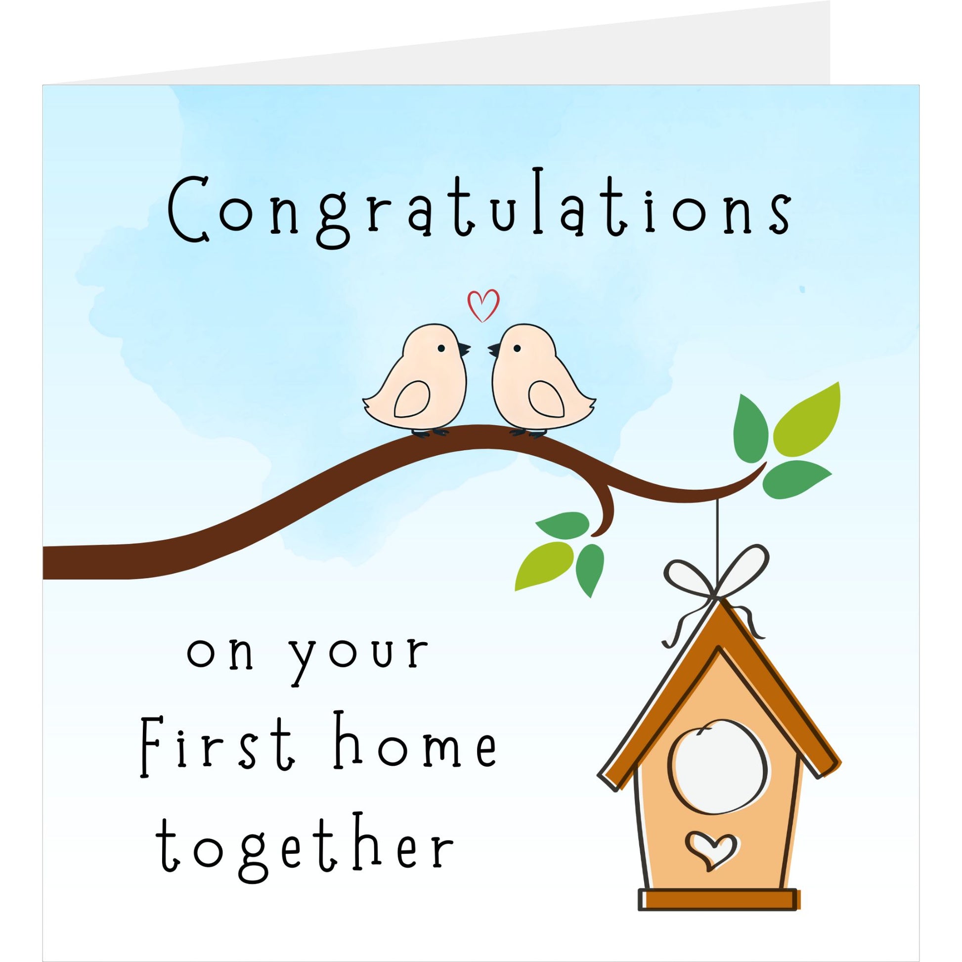 Card with two birds on a branch and a birdhouse, featuring the text 'Congratulations on your First home together' against a light blue background.