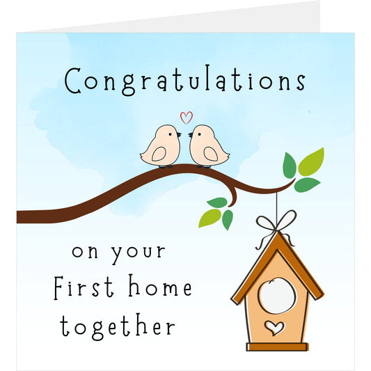 Card with two birds on a branch and a birdhouse, featuring the text 'Congratulations on your First home together' against a light blue background.