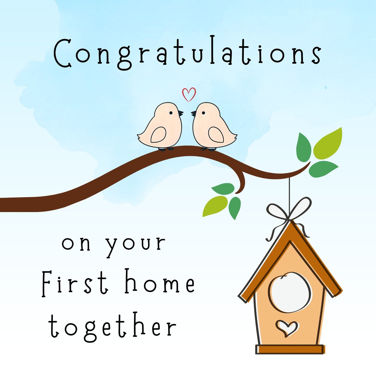 Cartoon birds on a branch with a birdhouse and 'Congratulations on your First home together' text against a blue sky.