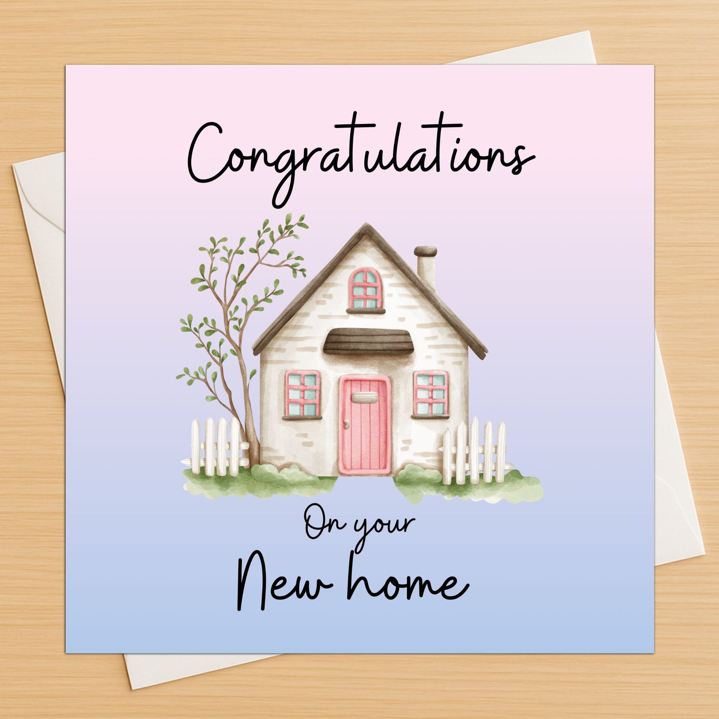 Greeting card with a house illustration and 'Congratulations on your new home' text on a light blue background.