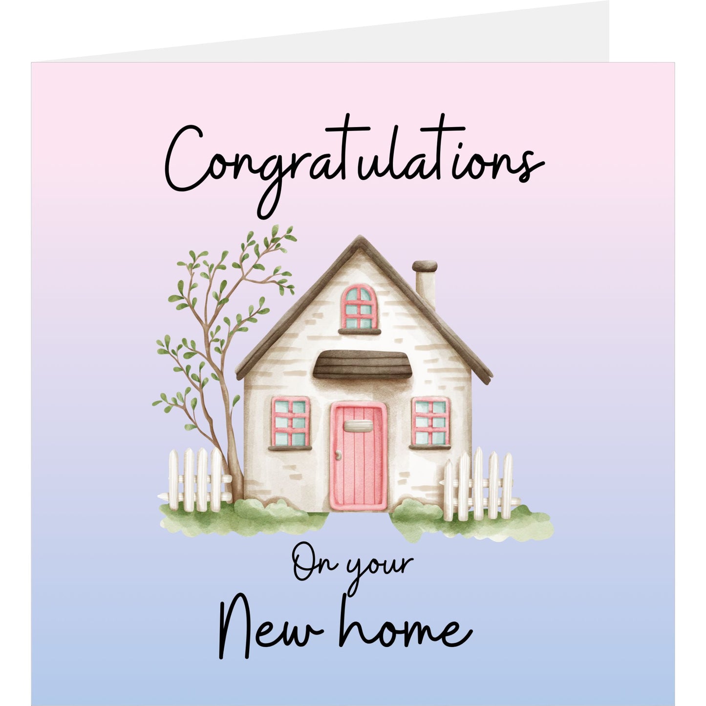 Card with a small house illustration and 'Congratulations on your New Home' text on a pink to blue gradient background.